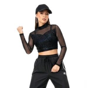 Body Wrappers VTG Mesh Velvet LS Mock Neck Dance Midriff Bling Top Size Adult L